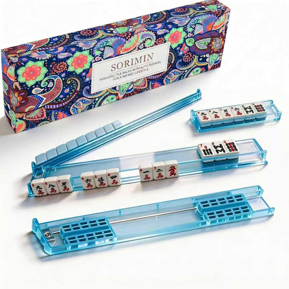 Transparent PS Mahjong Racks with Pushers, 4-Piece Gift Box Set