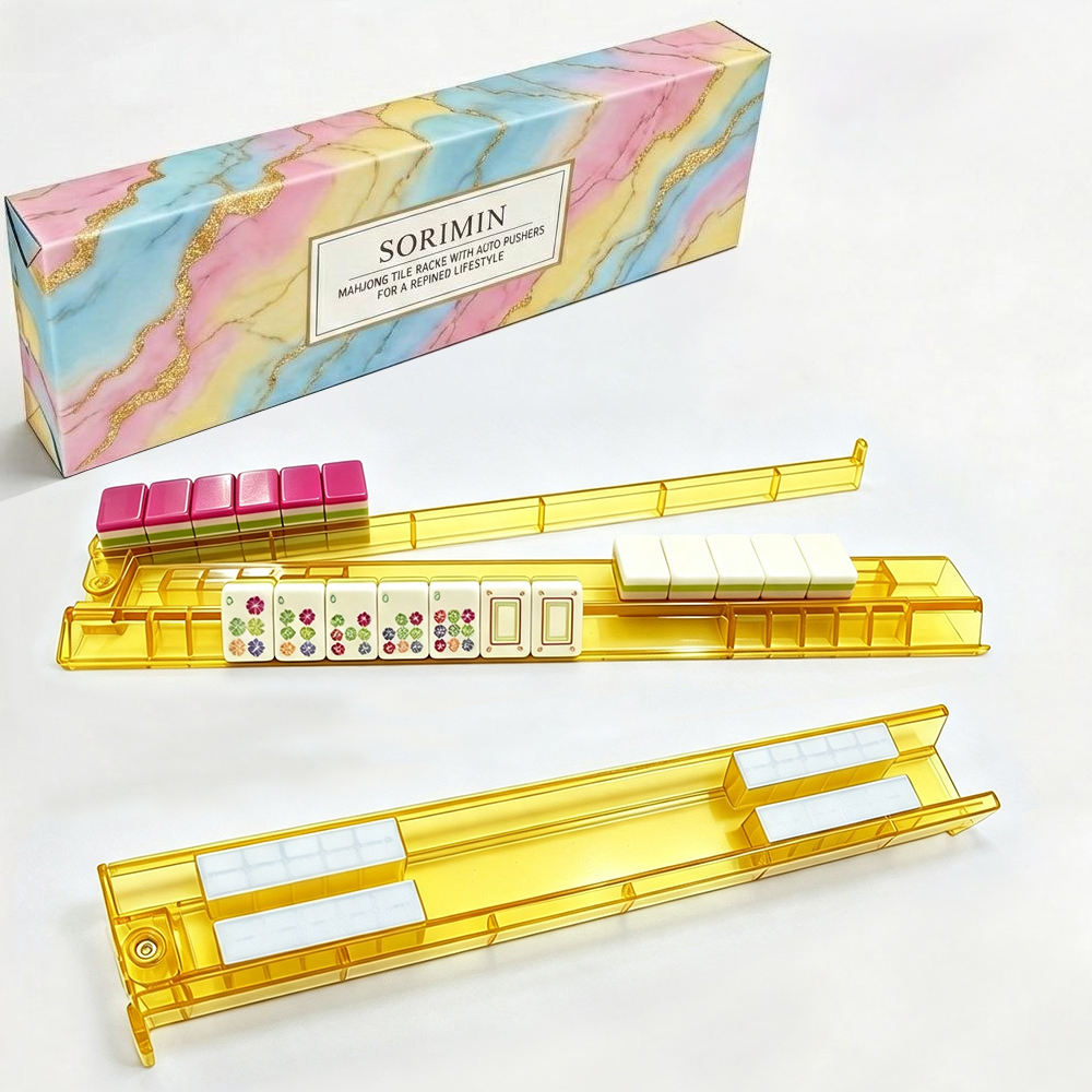 4-Piece Mahjong Rack & Pusher Set in Gift Box | Transparent PS Non-Slip Portable Mahjong Racks