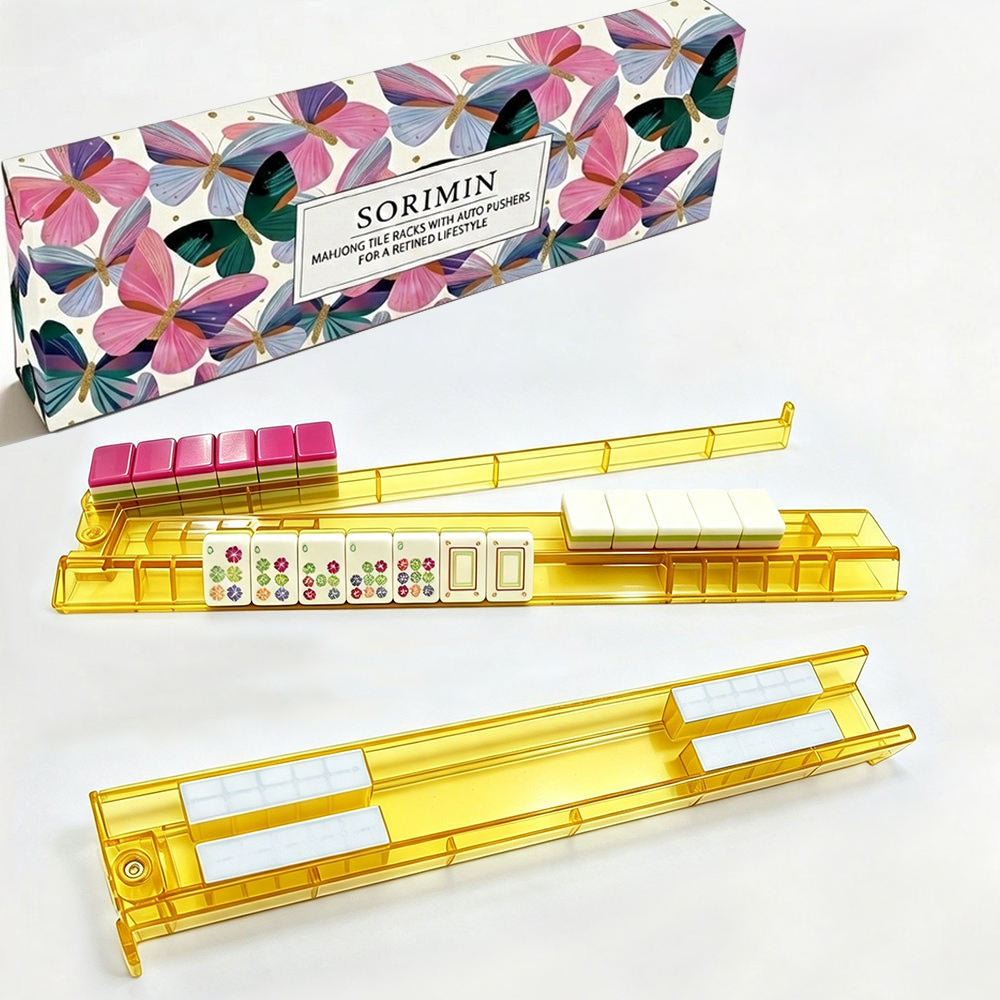Premium 4-Piece White Clear Mahjong Racks & Pushers With Box