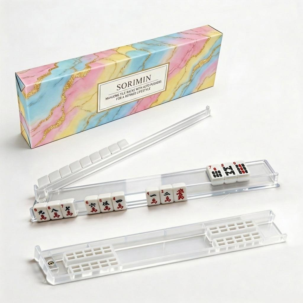 4-Piece Mahjong Rack & Pusher Set in Gift Box | Transparent PS Non-Slip Portable Mahjong Racks