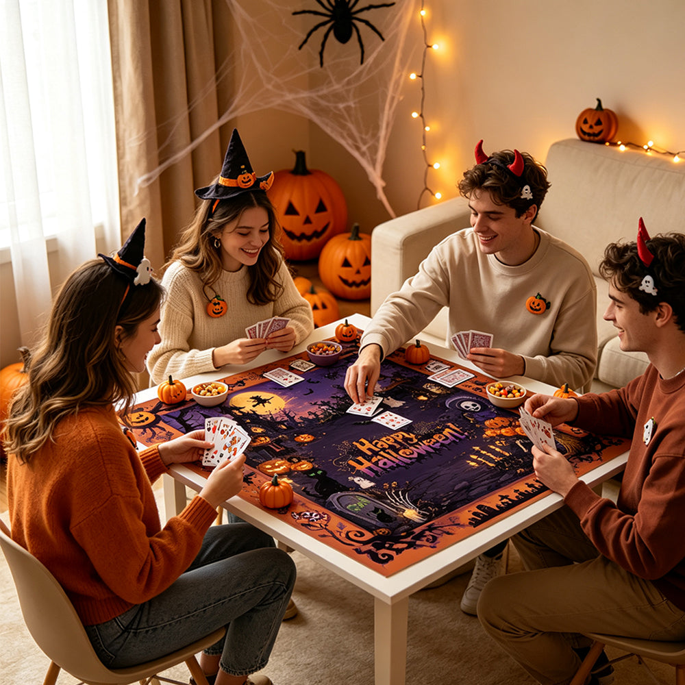 Square Pumpkin Halloween Mahjong Table Mat Protective Pad for Holiday Gathering and Entertainment