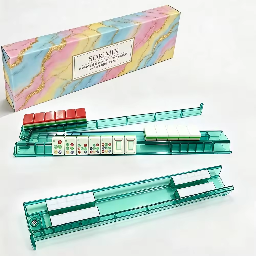 4-Piece Mahjong Rack & Pusher Set in Gift Box | Transparent PS Non-Slip Portable Mahjong Racks
