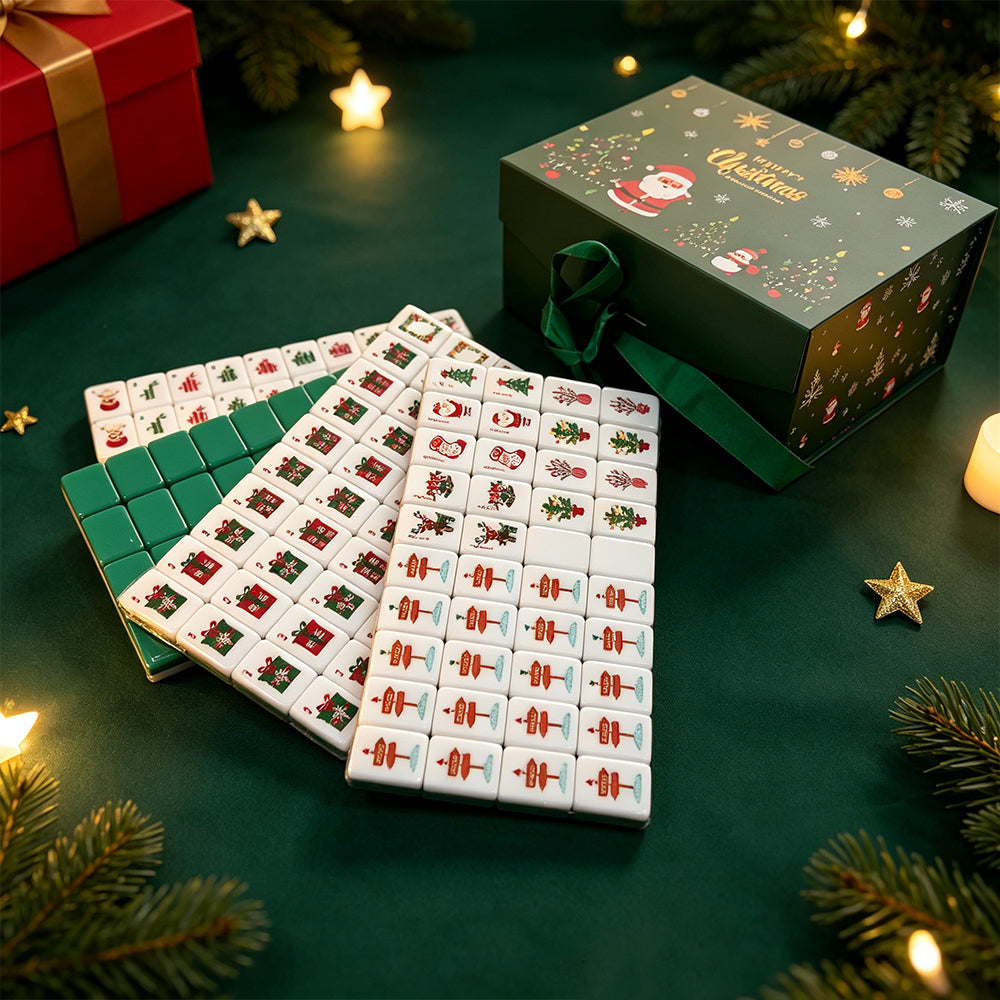 High Quality Green Christmas Mahjong Kit With Mahjong Mat Ideal for Family Holiday Table Games