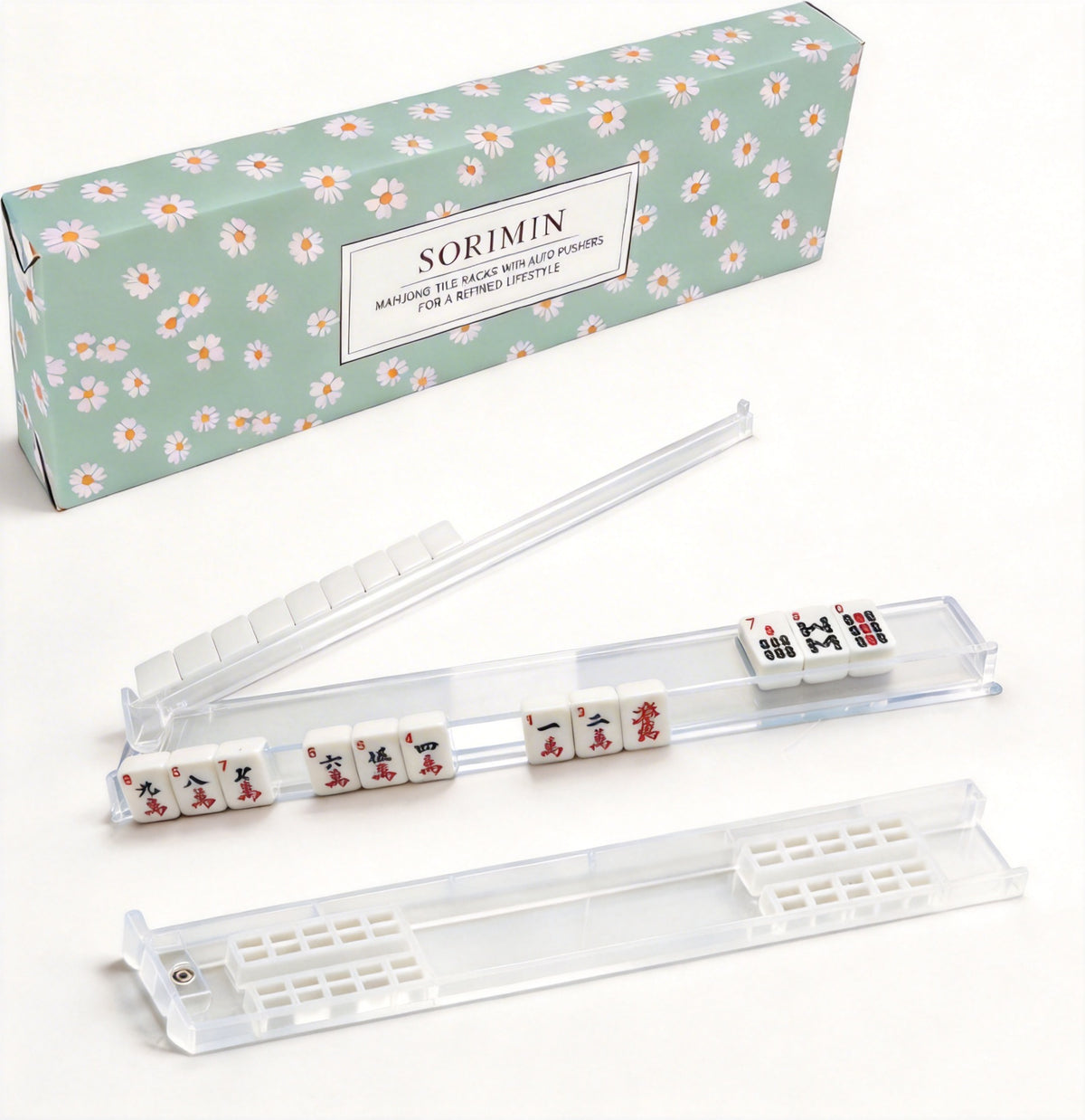 Clear White Mahjong Rack & Pusher 4-Piece Non-Slip Box Set