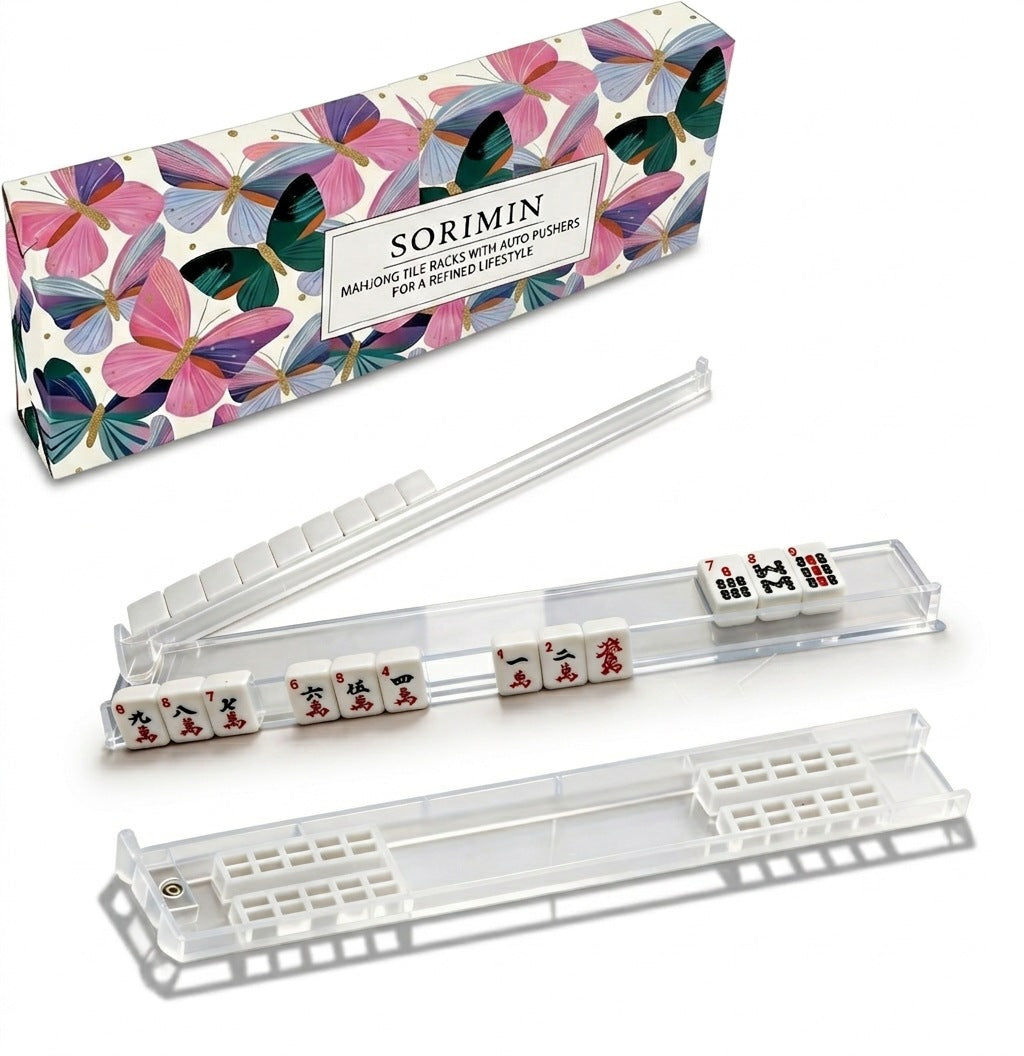 Premium 4-Piece White Clear Mahjong Racks & Pushers With Box