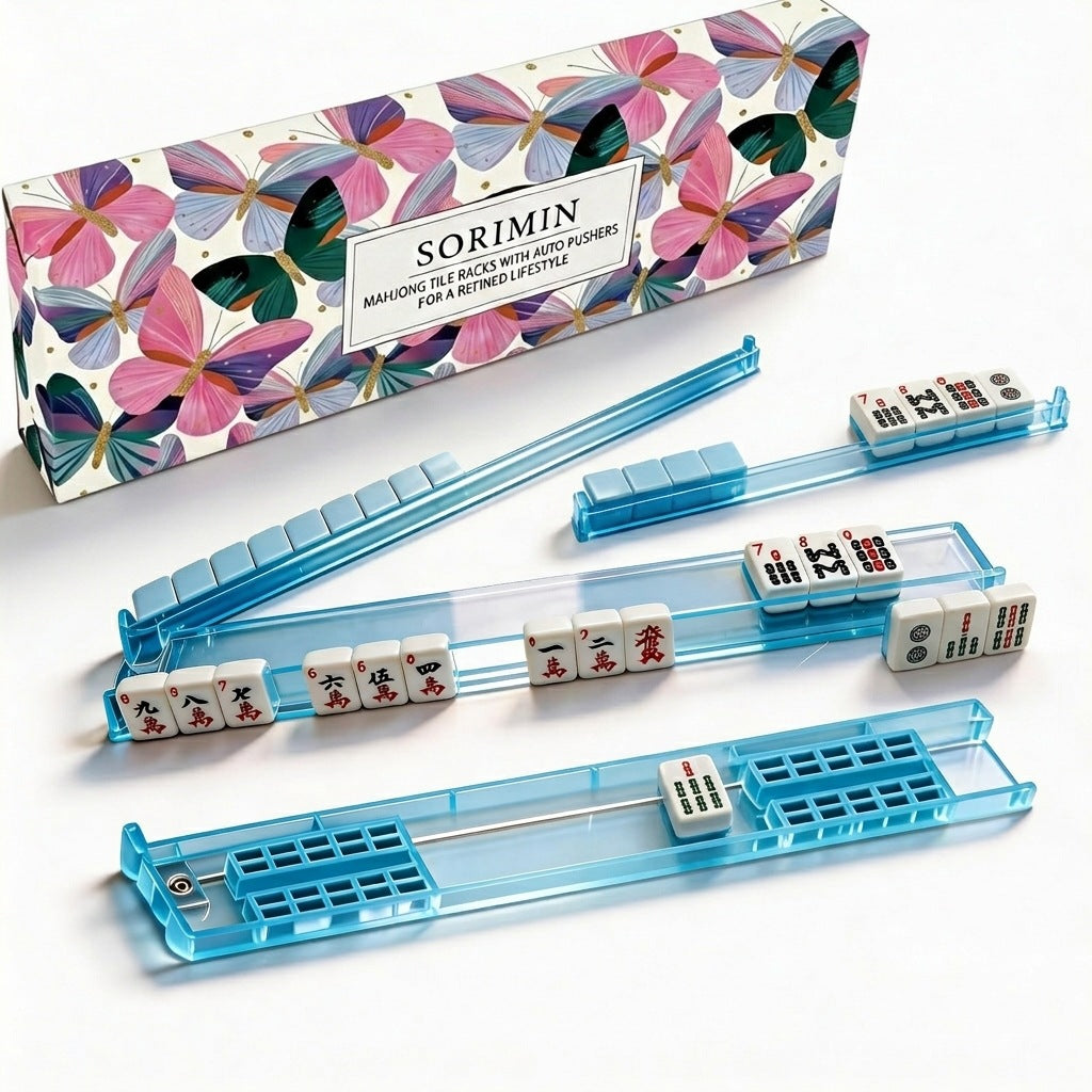 Premium 4-Piece White Clear Mahjong Racks & Pushers With Box