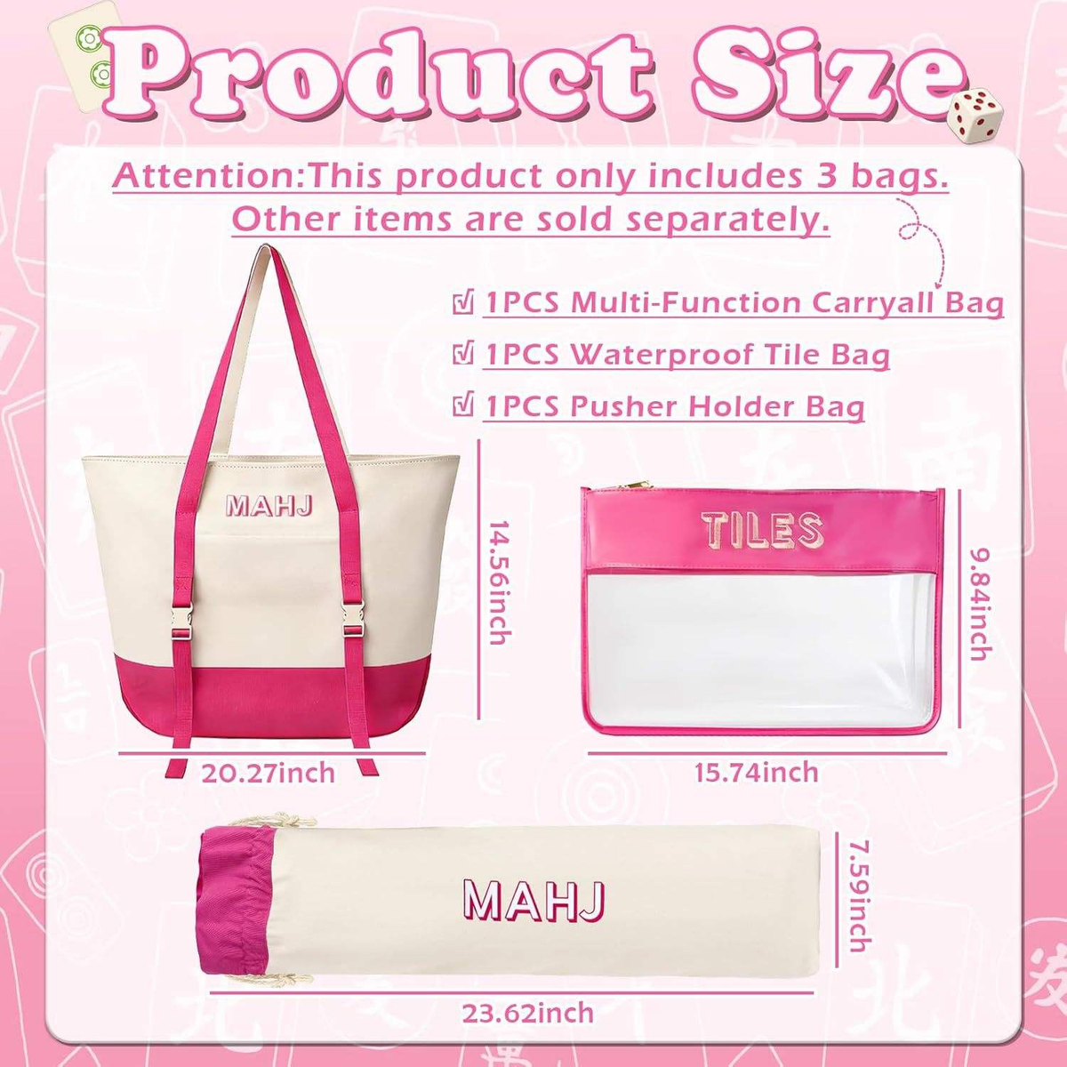 Canvas 3 Pieces Mahjong Storage Set Large Capacity Portable Single Shoulder Mahjong Tote Bag