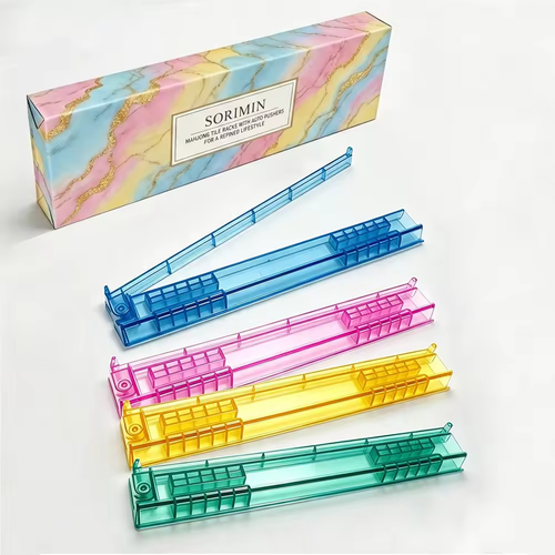 4-Piece Mahjong Rack & Pusher Set in Gift Box | Transparent PS Non-Slip Portable Mahjong Racks